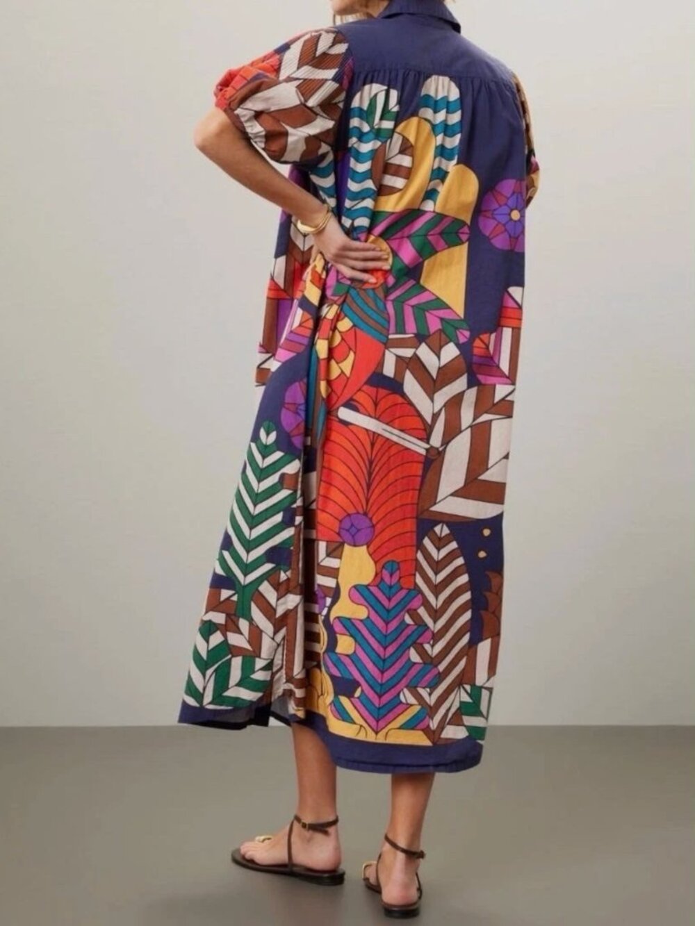 Carolina K Valerie Tropical Motif Pleated Kaftan Midi Shirt Dress - Picture 2 of 13
